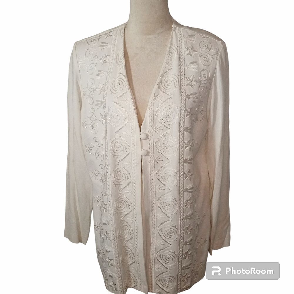 Vintage K Studio Cream 2 Button Open Embroidered Formal Jacket Size 14